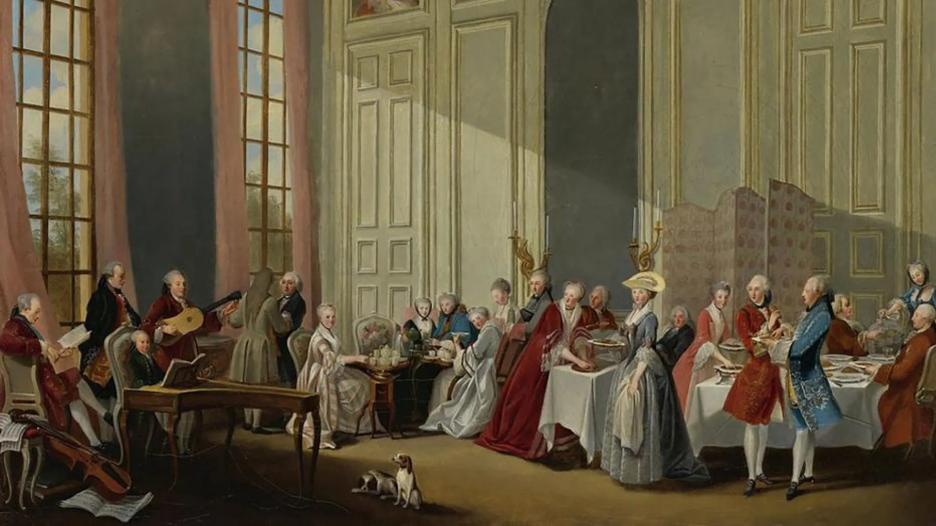 Le The a l'anglaise dans le salon des Quatre Glaces au Temple, avec toute la cour du prince de Conti ecoutant le jeune Mozart. Toile de Michel Barthélemy Ollivier Credit Musée du Louvre, Paris